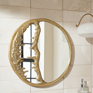 Sculptural Brass Wall Mirror – Handmade Textured Gold Round Statement Decor - Zayian