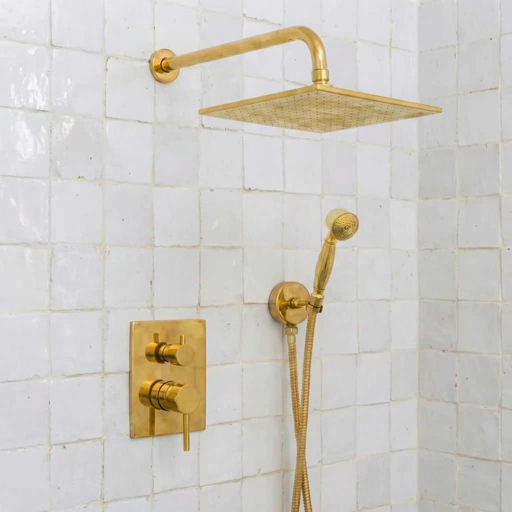 Luxury Unlacquered Brass Rain Shower System - Wall Mounted with Handheld SprayerLuxury Unlacquered Brass Rain Shower System Wall Mounted with Handheld