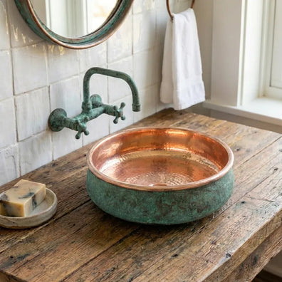 Hammered Copper Vessel Sink - Oxidized Verdigris Bathroom BasinHandmade Copper Clawfoot Bathtub - Verdigris Freestanding Luxury Tub