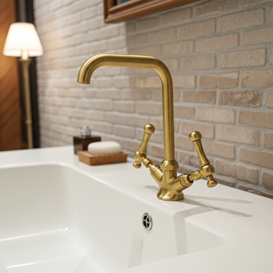 Unlacquered Brass Gooseneck Faucet - Classic Cross Handle Basin TapUnlacquered Brass Gooseneck Bathroom Faucet | Cross Handle Tap