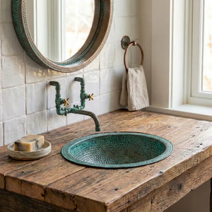 Zayian Bathroom Sinks Hammered Green Patina Copper Drop-In Sink – Oxidized Bathroom Vessel Basin