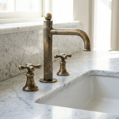 Unlacquered Brass Widespread Faucet - Classic Cross-Handle Bathroom TapUnlacquered Brass Widespread Bathroom Faucet - Classic Cross Handles