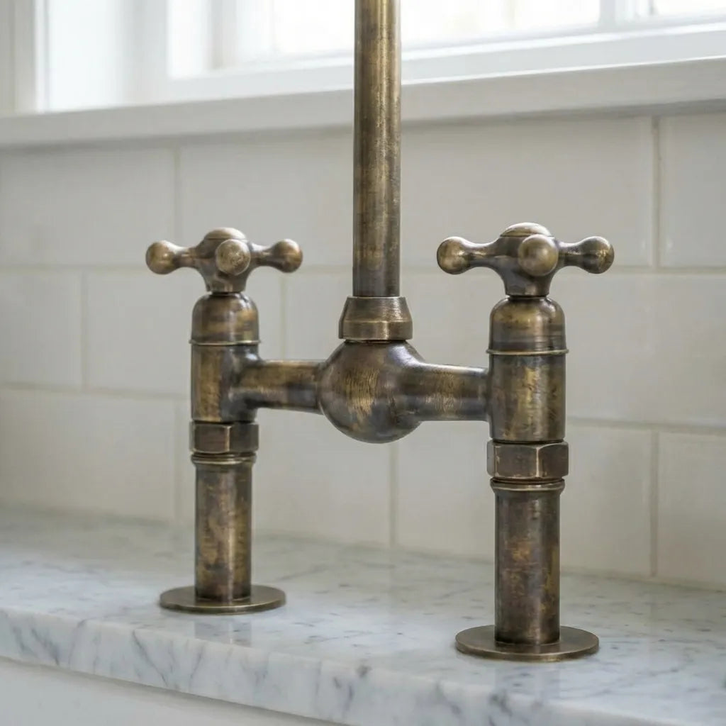Handmade Antique Brass Gooseneck Bridge Kitchen Faucet