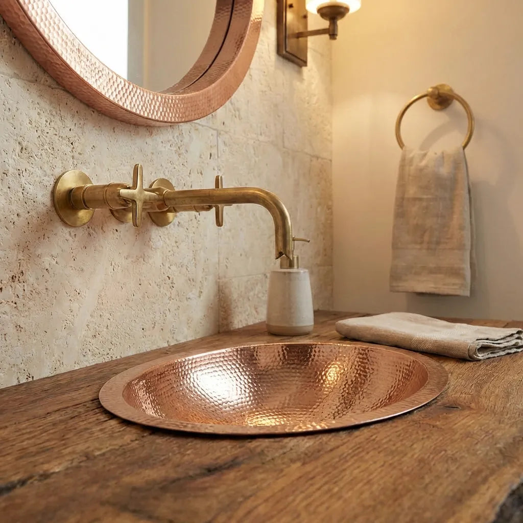 Hammered Oval Copper Vessel Sink – Handmade Drop-In Bathroom Basin