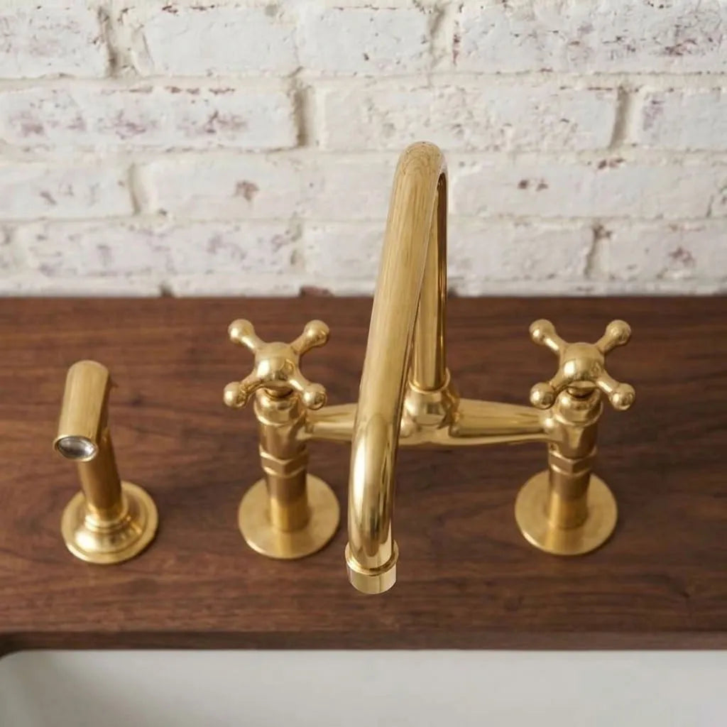Unlacquered Brass Bridge Kitchen Faucet with Cross Handles and Side Sprayer
