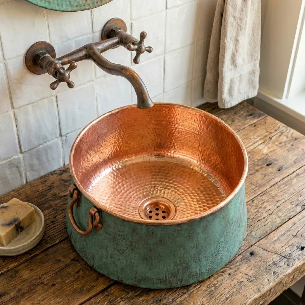 Oxidized Copper Bucket Vessel Sink – Handmade Bathroom Washbasin
