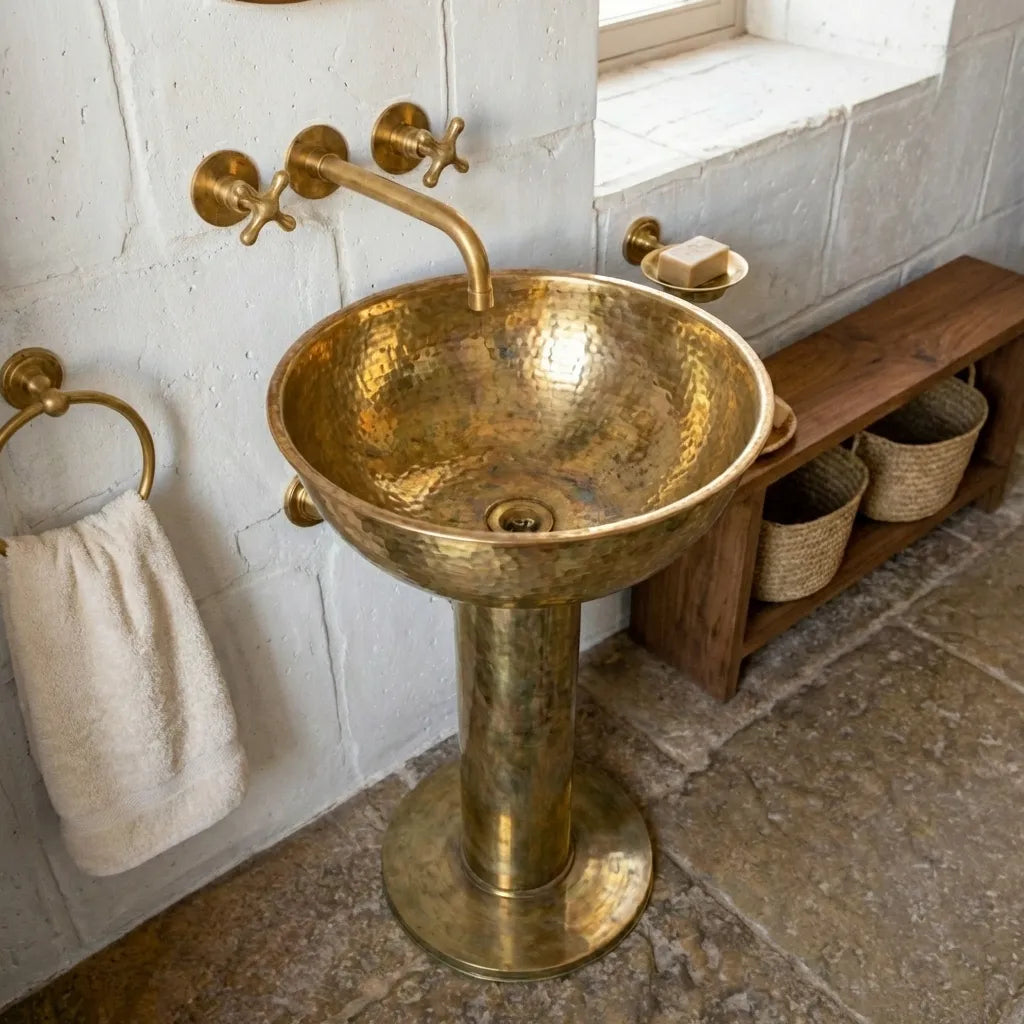 Handmade Hammered Unlacquered Brass Round Pedestal Sink