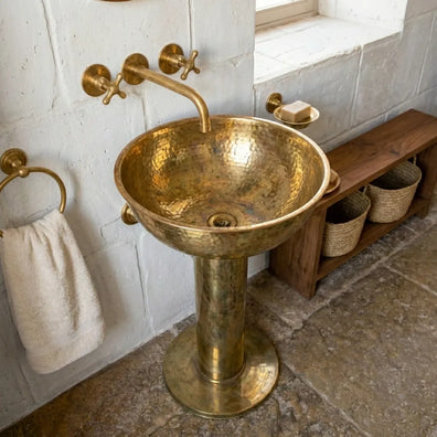 Handmade Hammered Unlacquered Brass Round Pedestal SinkUnlacquered Brass Round Pedestal Sink