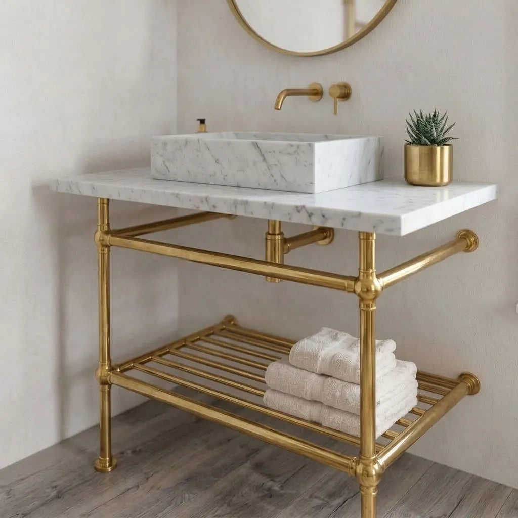 Wall-Supported Solid Brass Console Vanity Legs with Lower Shelf – Bathroom Sink Stand