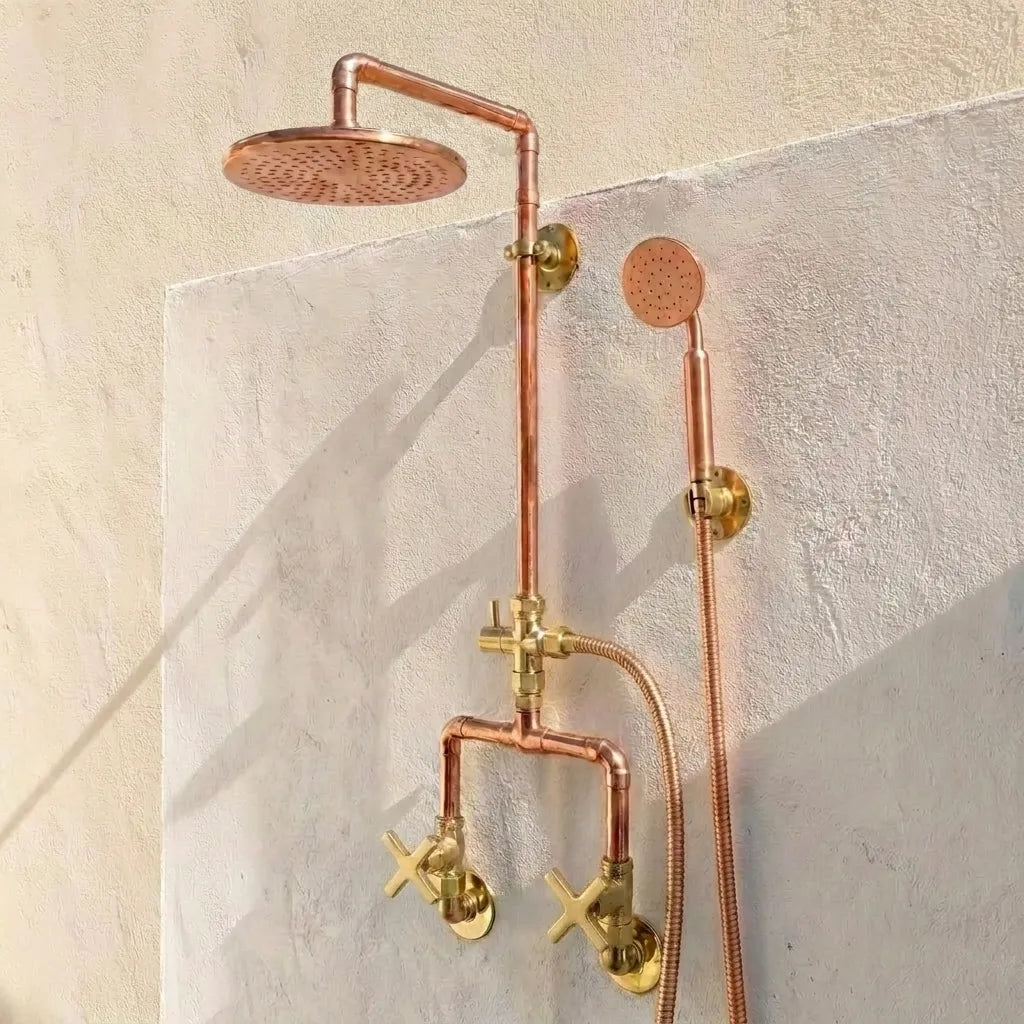 Outdoor Copper Shower System with Handheld Sprayer - Rustic Wall Mount Rain Shower SetOutdoor Copper Shower System with Handheld Sprayer - Rustic Wall Mount Rain Shower Set
