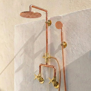 Outdoor Copper Shower System with Handheld Sprayer - Rustic Wall Mount Rain Shower SetOutdoor Copper Shower System with Handheld Sprayer - Rustic Wall Mount Rain Shower Set
