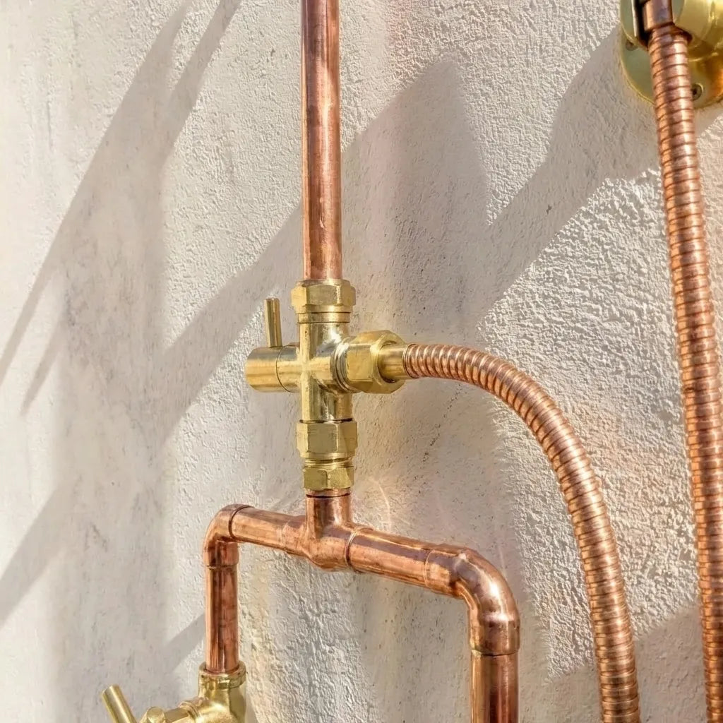 Outdoor Copper Shower System with Handheld Sprayer - Rustic Wall Mount Rain Shower SetOutdoor Copper Shower System with Handheld Sprayer - Rustic Wall Mount Rain Shower Set