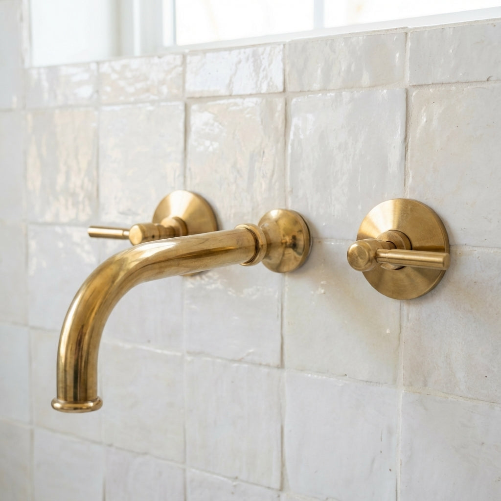 Unlacquered brass wall mounted bathroom faucet with curved spout and dual lever handles on white tiled wall