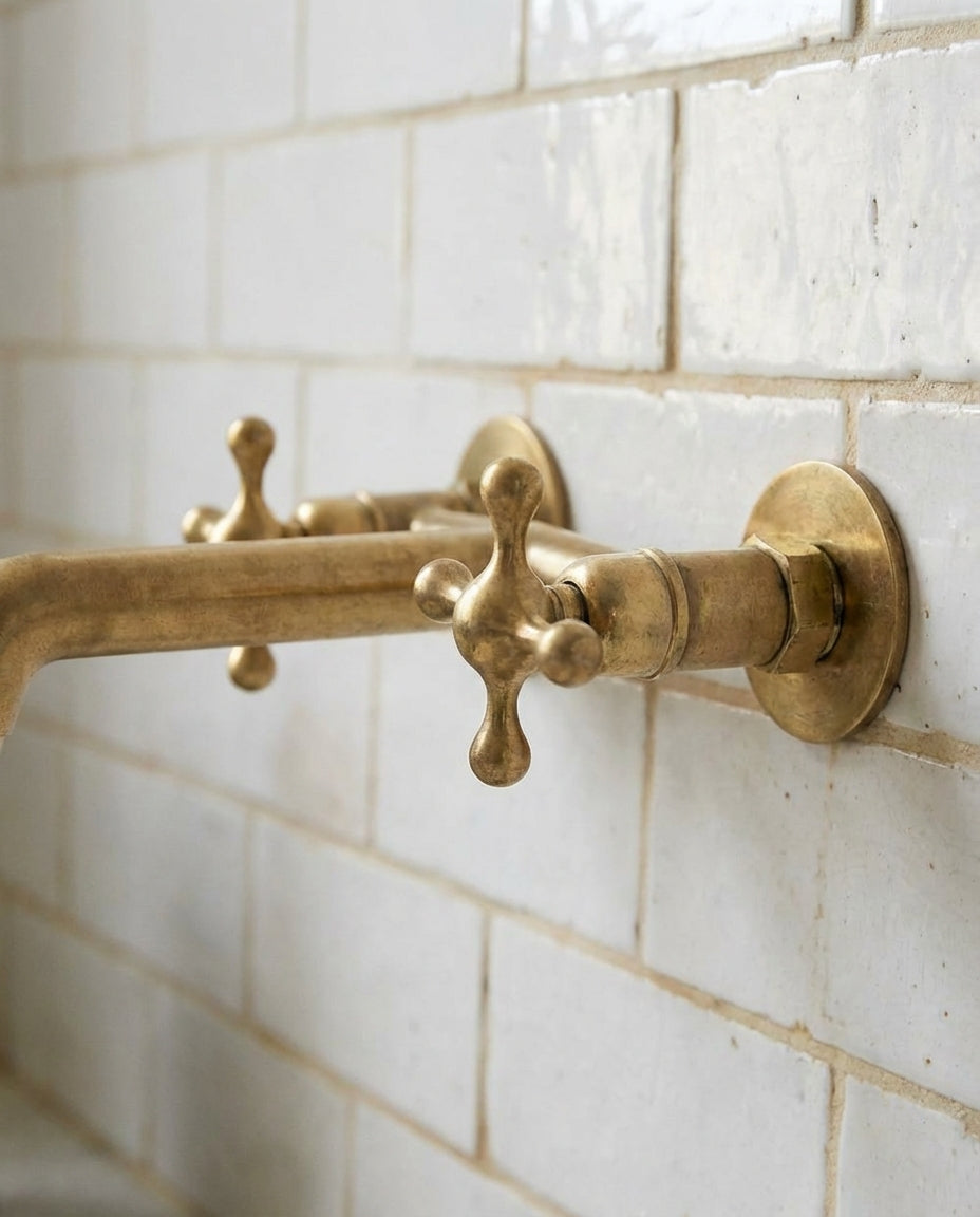 Unlacquered Brass Wall Faucet – Vintage Double-Handle Sink Tap - Zayian