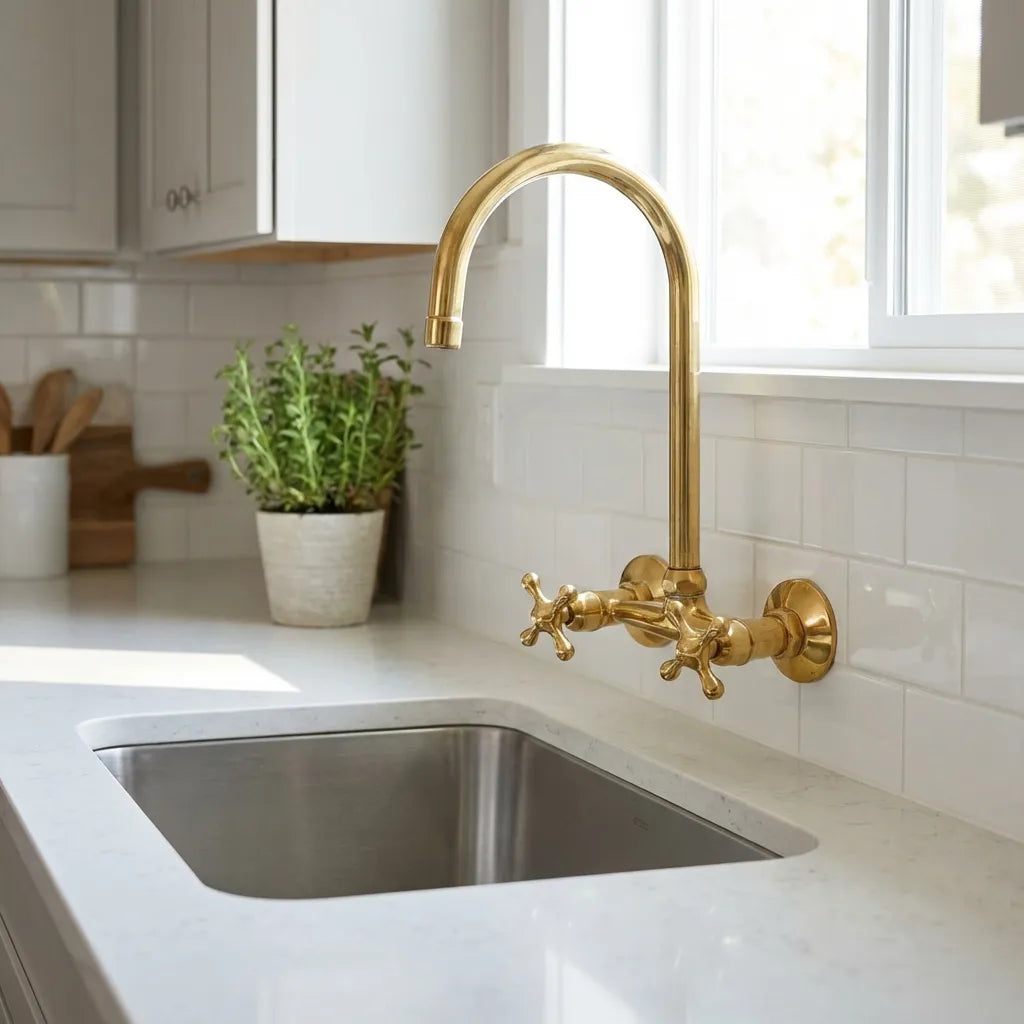 Unlacquered Brass Wall Mount Kitchen Faucet – Vintage Sink Tap with Cross Handles
