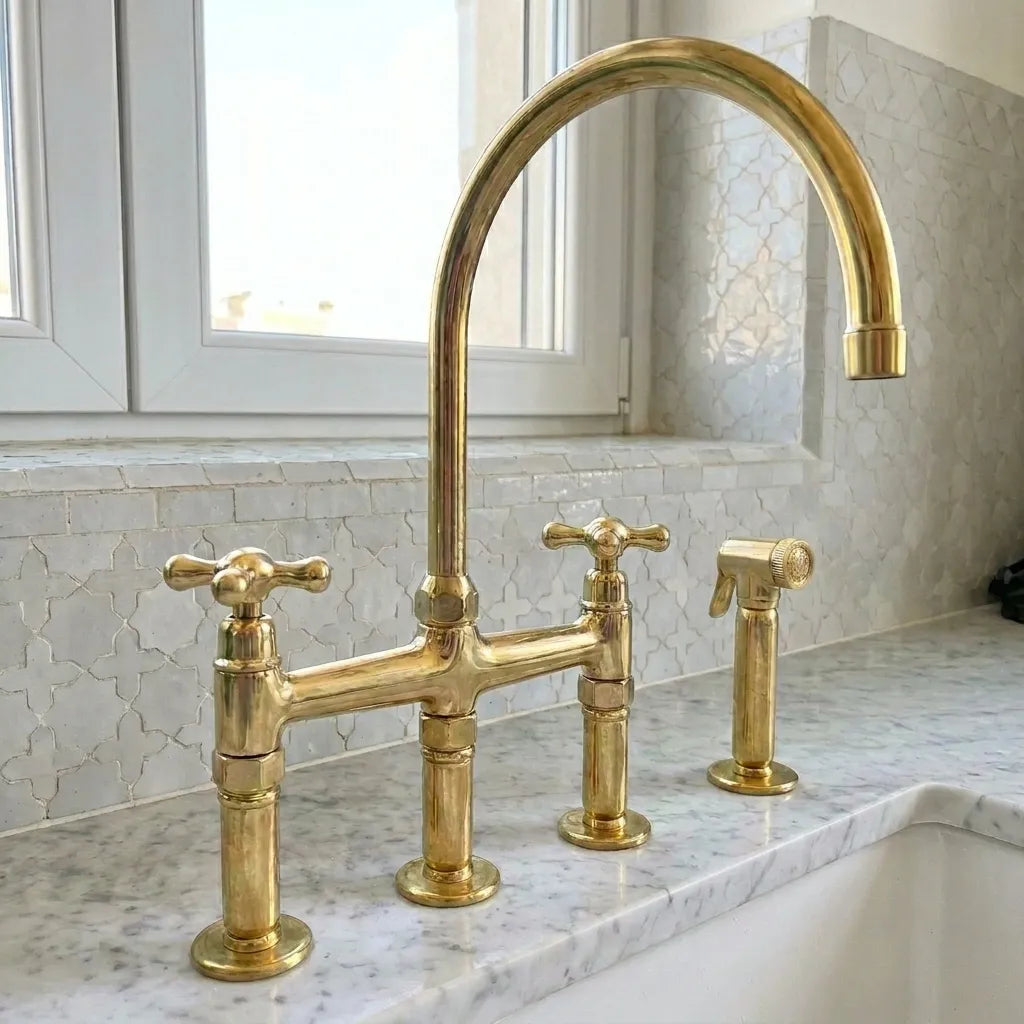 Unlacquered Brass Three-Hole Bridge Kitchen Faucet with Side SprayerUnlacquered Brass Three-Hole Bridge Kitchen Faucet with Side Sprayer