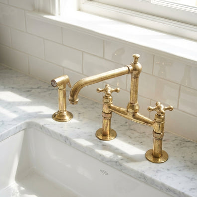 Old-World Unlacquered Brass Bridge Faucet With Traditional DesignOld-World Unlacquered Brass Bridge Kitchen Faucet | Traditional Tap