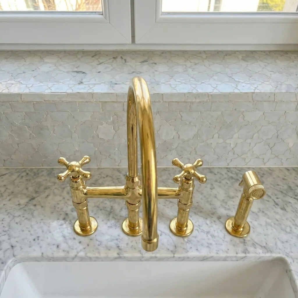 Unlacquered Brass Three-Hole Bridge Kitchen Faucet with Side SprayerUnlacquered Brass Three-Hole Bridge Kitchen Faucet with Side Sprayer