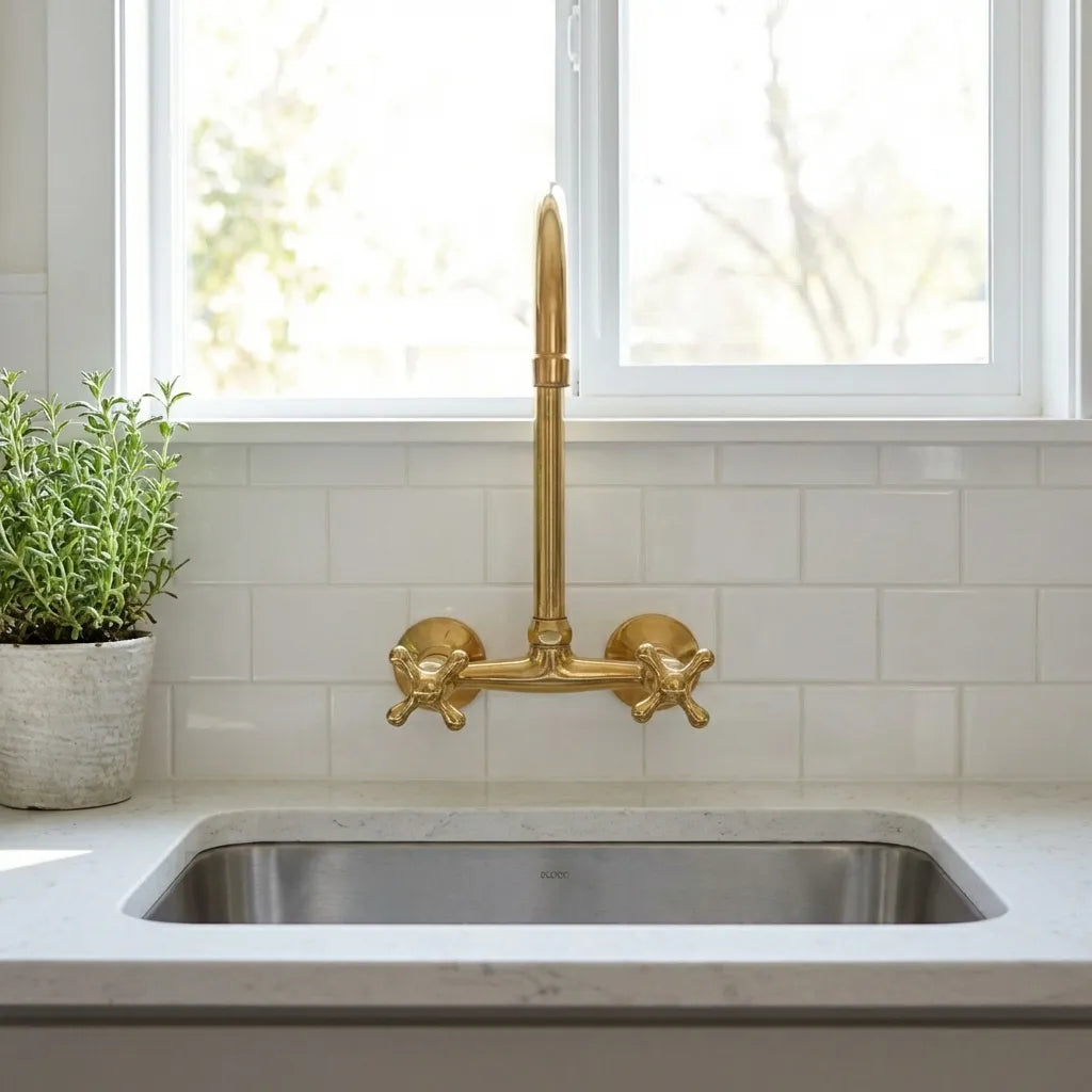 Unlacquered Brass Wall Mount Kitchen Faucet – Vintage Sink Tap with Cross Handles