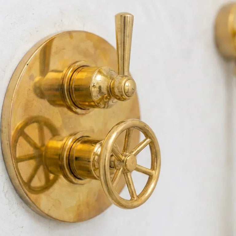 Unlacquered Brass Thermostatic Mixer Shower System -Rain Head with HandheldUnlacquered Brass Thermostatic Mixer Shower System - Rain Head with Handheld