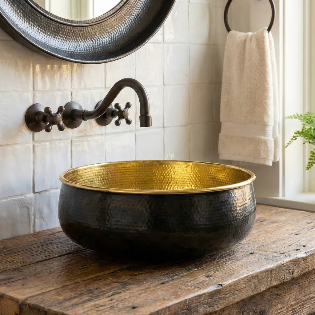 Hand-Hammered Blackened Brass Vessel Sink – Gold Interior Artisan Bathroom Basin