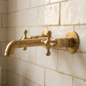 Unlacquered Brass Wall Faucet – Vintage Double-Handle Sink Tap - Zayian