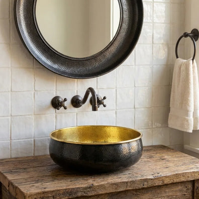 Hand-Hammered Blackened Brass Vessel Sink - Gold Interior Artisan Bathroom BasinHand-Hammered Blackened Brass Vessel Sink with Gold Interior 