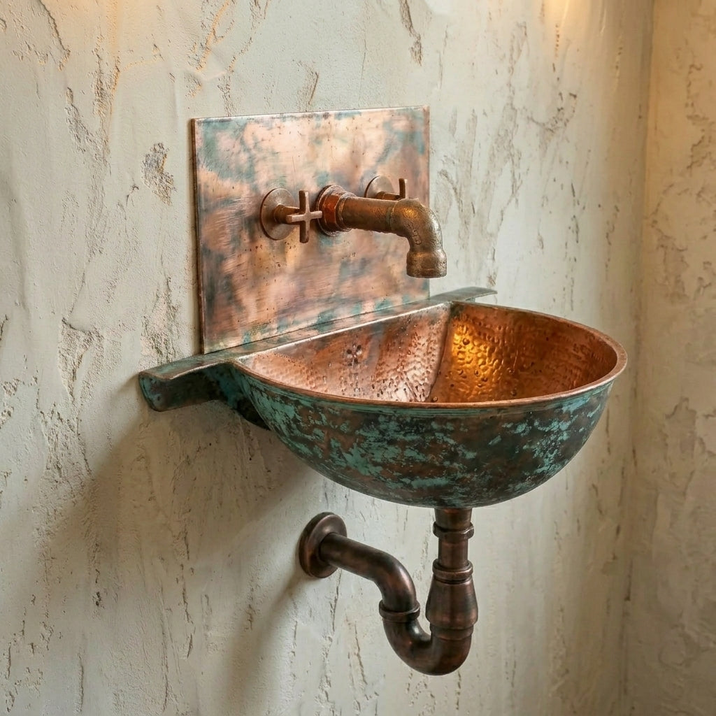Oxidized Copper Wall Mounted Bathroom Sink With Mixer Faucet