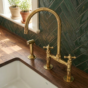 Traditional High-Arc Unlacquered Brass Bridge Kitchen Faucet - Zayian