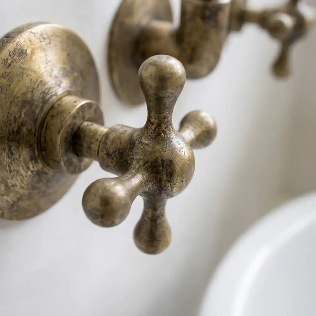 Vintage Antique Brass Wall Mount Faucet - Solid Brass Cross Handle Bathroom Sink TapTraditional Wall Mounted Brass Faucet with Cross Handles