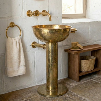 Handmade Hammered Unlacquered Brass Round Pedestal SinkUnlacquered Brass Round Pedestal Sink