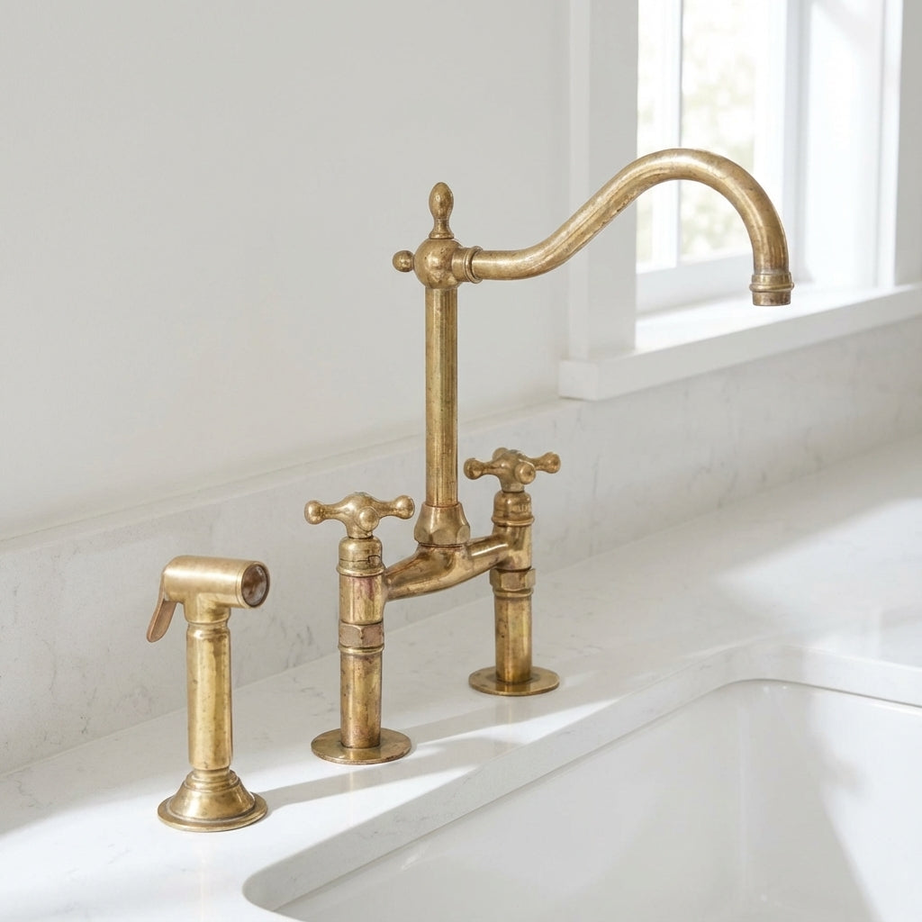 Traditional Unlacquered Brass Bridge Kitchen Faucet With Sprayer - Zayian