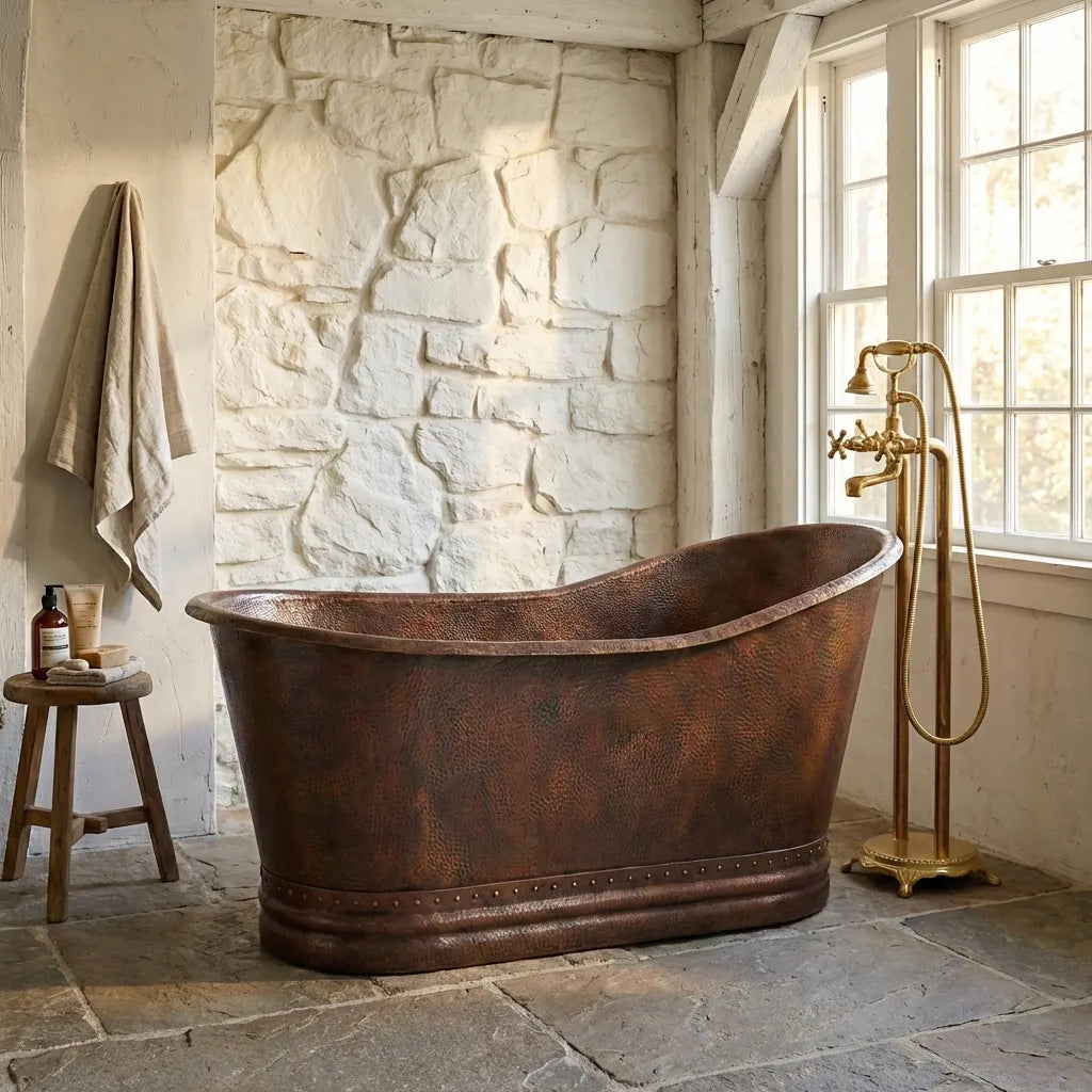 Vintage Hammered Copper Freestanding Bathtub - Rustic Farmhouse Soaking TubVintage Hammered Copper Freestanding Bathtub 