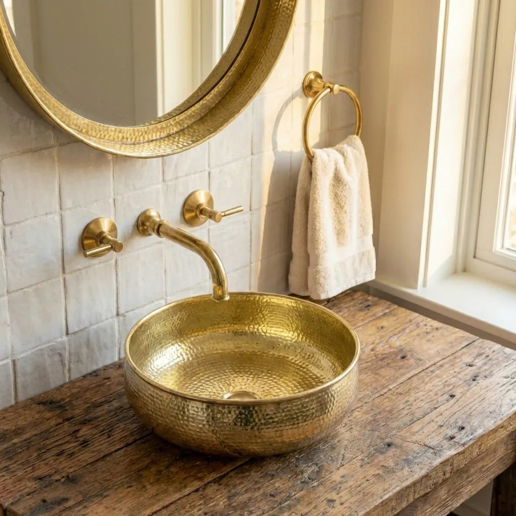 Hand-Hammered Unlacquered Brass Vessel Sink – Round Artisan Bathroom Basin