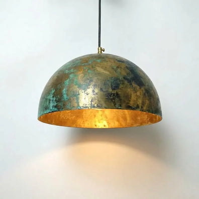 Rustic Brass Pendant Lamp with Green Verdigris Finish - Artisan Ceiling LightRustic Brass Pendant Light with Green Verdigris Finish 