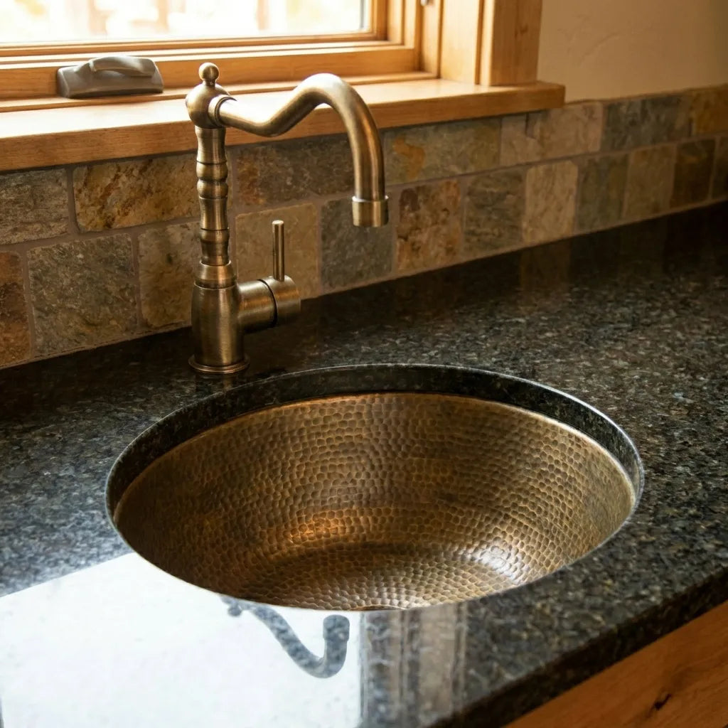 Hammered Antique Brass Bar Sink – Solid Round Drop-In Prep Sink with Aged Patina Finish