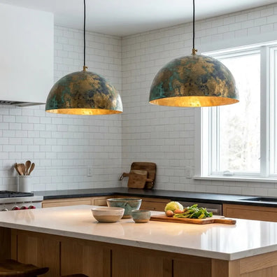 Rustic Brass Pendant Lamp with Green Verdigris Finish - Artisan Ceiling LightRustic Brass Pendant Light with Green Verdigris Finish 