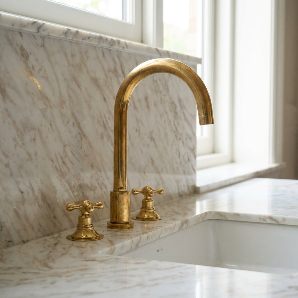 Unlacquered Brass Widespread Bathroom Sink Faucet 3 Hole Vanity Tap - Zayian