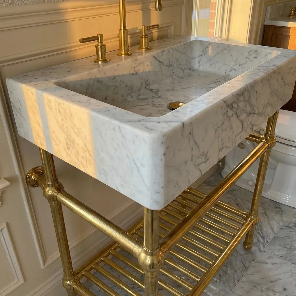 Solid Brass Console Sink Legs with Shelf - Vintage Bathroom Stand for Marble & Stone SinksSolid Brass Console Sink Legs with Shelf | Vintage Bathroom Sink Stand
