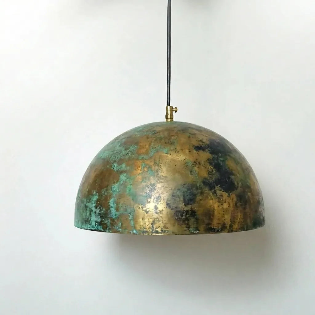 Rustic Brass Pendant Lamp with Green Verdigris Finish – Artisan Ceiling Light