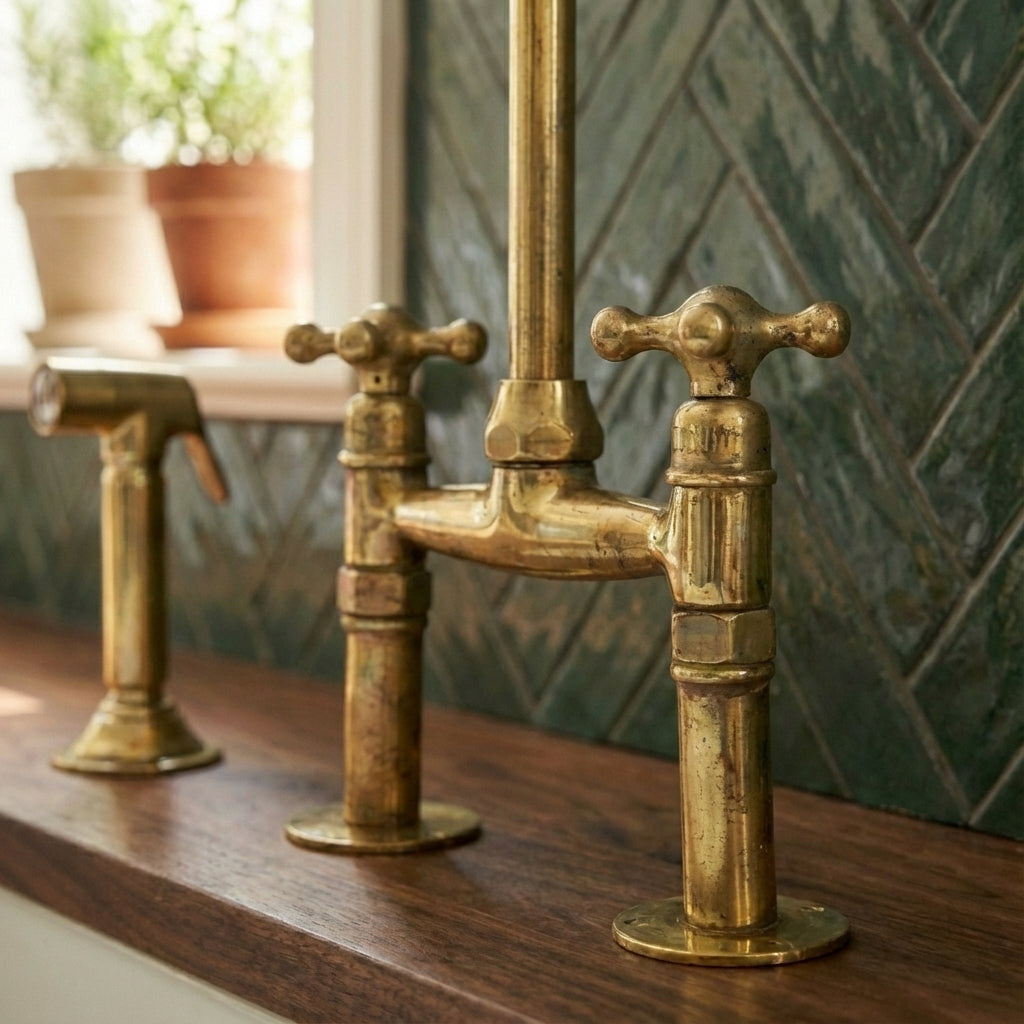 Traditional High-Arc Unlacquered Brass Bridge Kitchen Faucet - Zayian