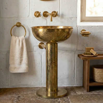Handmade Hammered Unlacquered Brass Round Pedestal SinkUnlacquered Brass Round Pedestal Sink