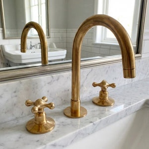 Unlacquered Brass Widespread Bathroom Faucet with Cross Handles - Zayian