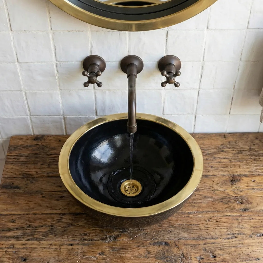Luxury Hand-Hammered Black Brass Vessel Sink – Round Bathroom Basin