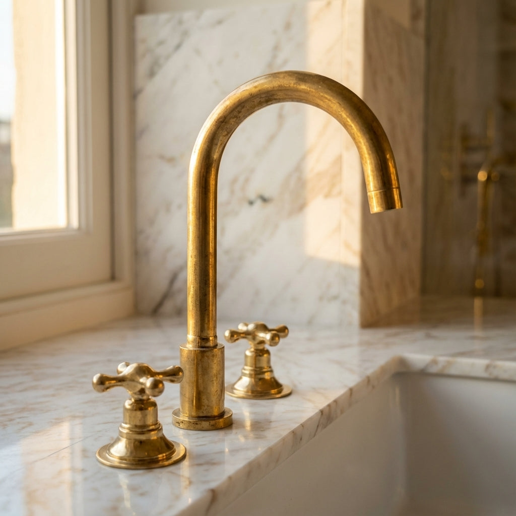 Unlacquered Brass Widespread Bathroom Sink Faucet 3 Hole Vanity Tap - Zayian