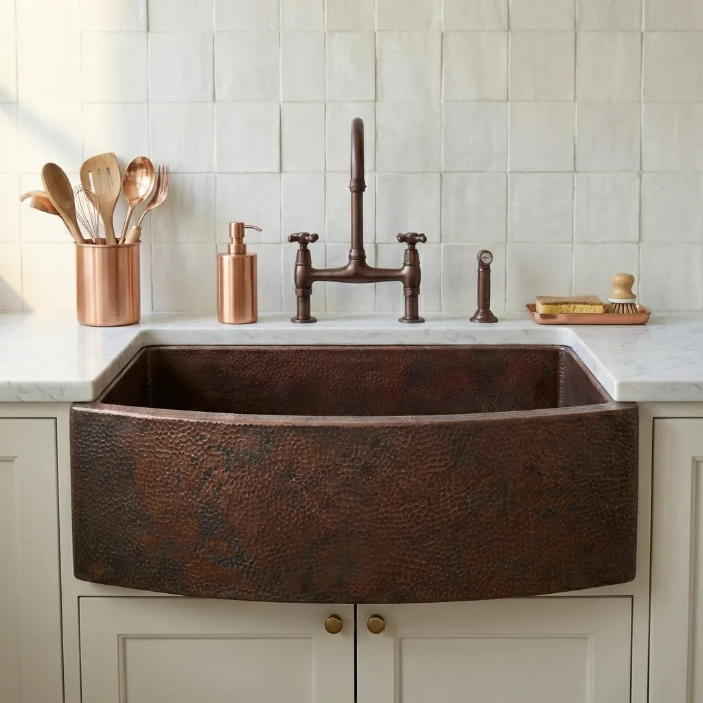 Copper Farmhouse Sink, Rounded Front Single Well-Daxa