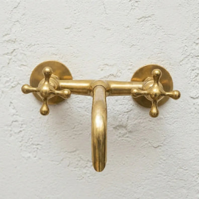 Handcrafted Unlacquered Brass Wall Mounted Tub Filler With Cross HandlesHandcrafted Unlacquered Brass Wall Mounted Tub Filler