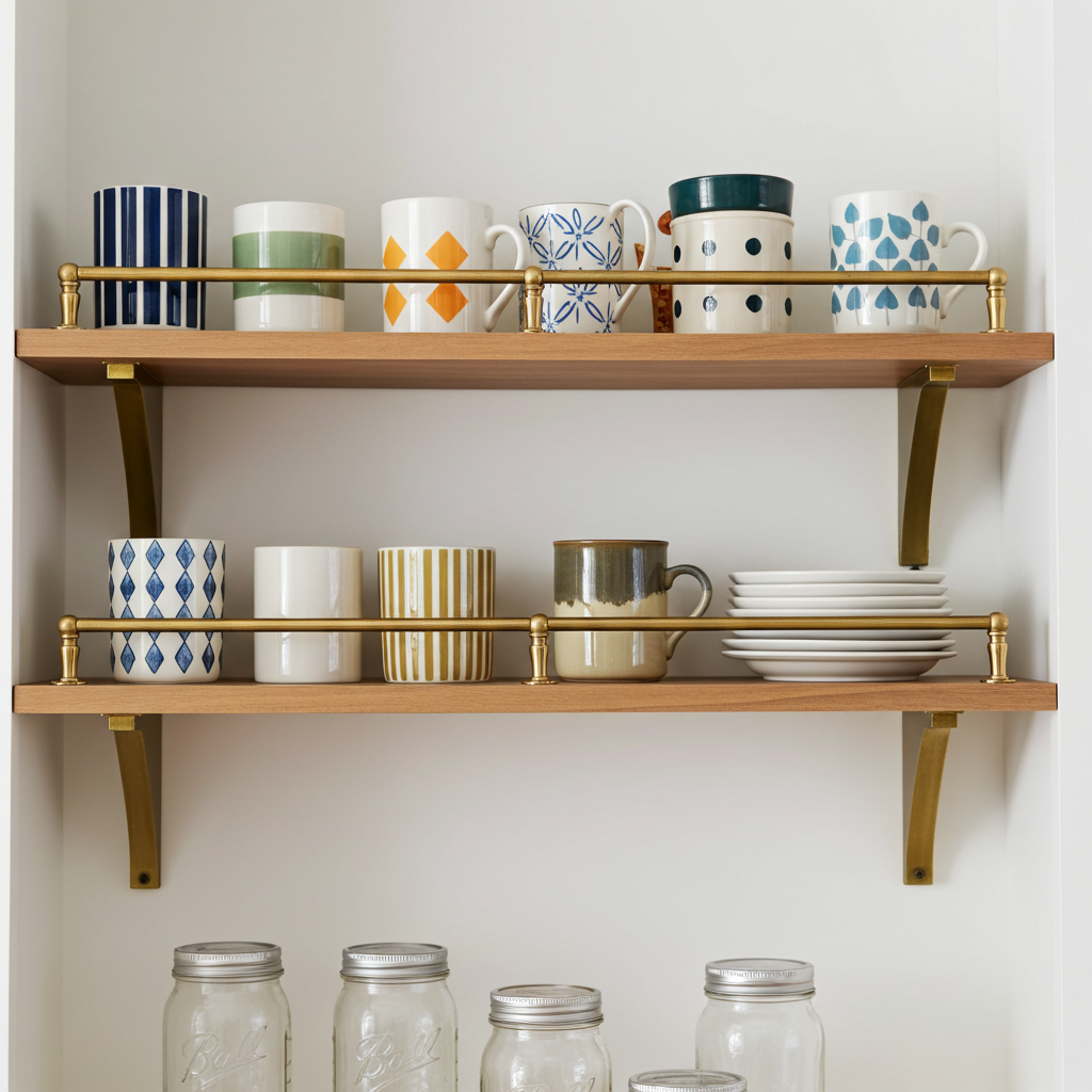 Unlacquered Brass Gallery Rail in wooden shelf 