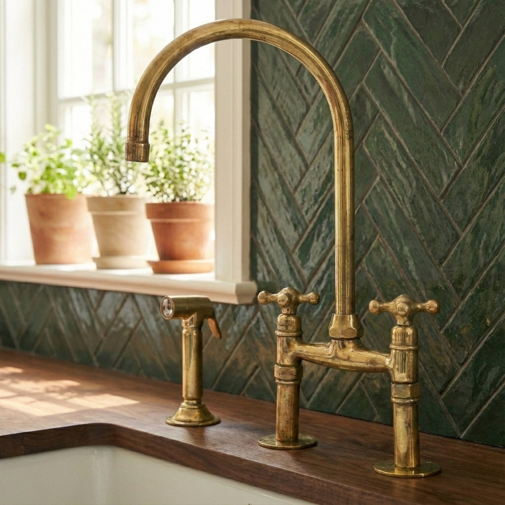 Traditional High-Arc Unlacquered Brass Bridge Kitchen Faucet - Zayian
