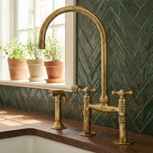 Traditional High-Arc Unlacquered Brass Bridge Kitchen Faucet - Zayian